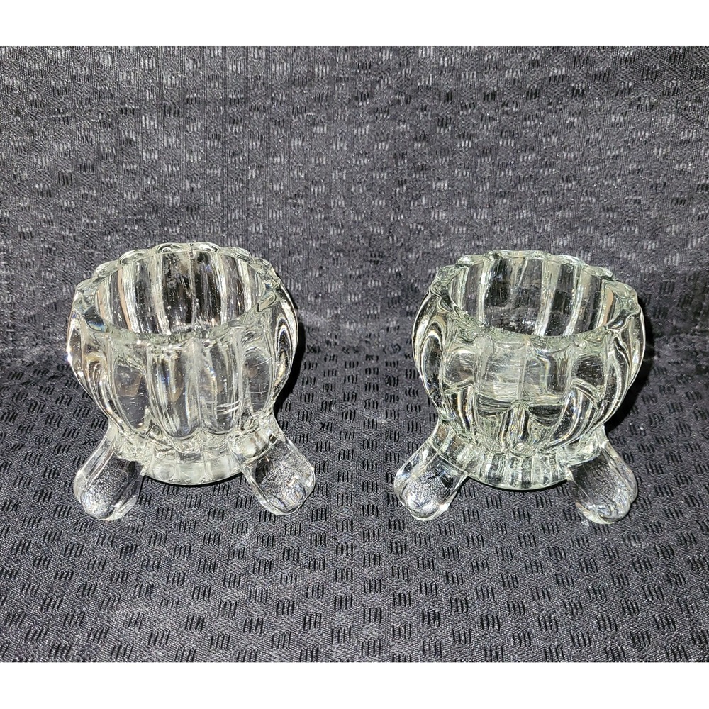 Jeanette Glass National Crystal 3-Footed Candle Holder Set‎ Heavy Ribbed Vintage